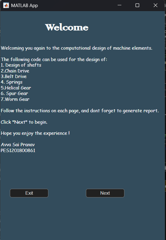 MATLAB GUI welcome screen showing menu options for designing shafts, belt drives, chain drives, springs, bevel gears, helical gears, spur gears, and worm gears